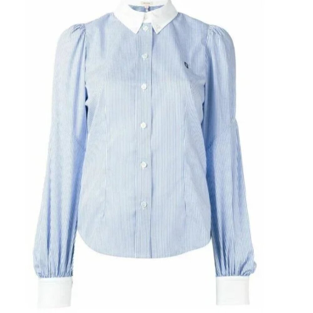 Marc Jacobs Blue Striped Cotton Button-Up Shirt Bishop Sleeve Womens 10